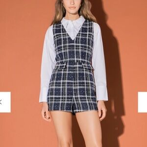 ENGLISH FACTORY WOMENS NAVY BLUE TWEED ROMPER MEDIUM